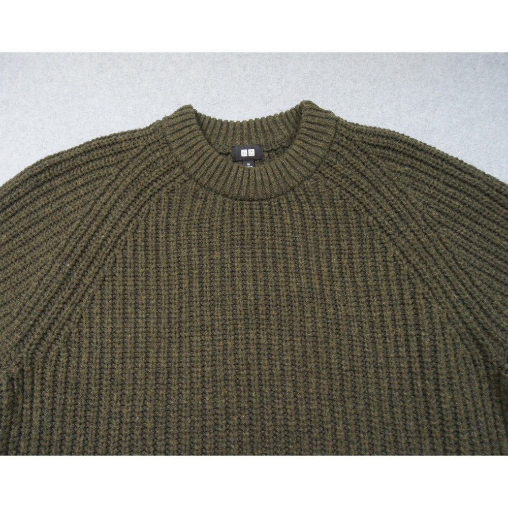 Uniqlo Sweater Mens Medium Green Ribbed Knit Raglan Pullover Wool Blend - Picture 3 of 10